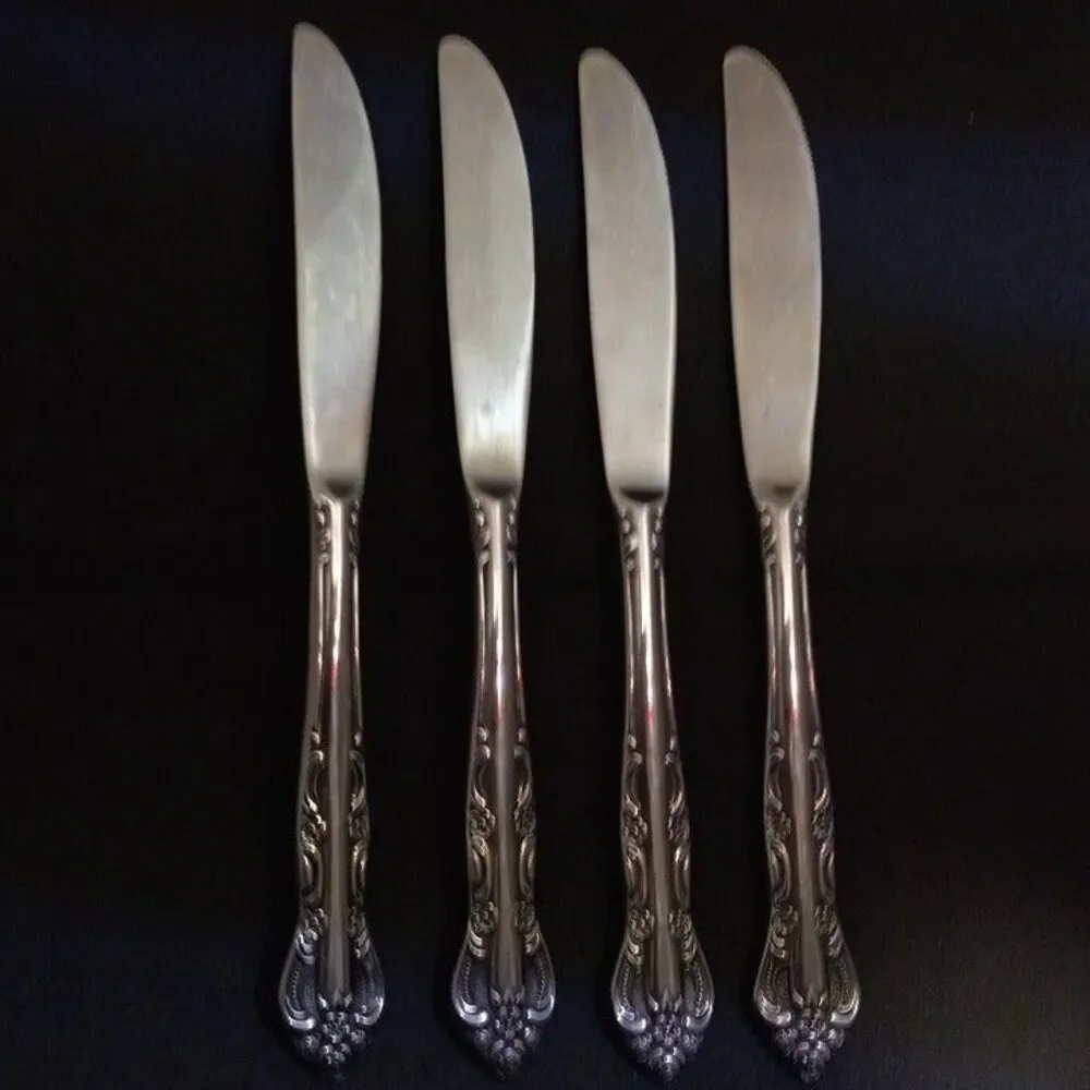 United Silver Stainless Acadia Modern Dinner Knife-Japan-Floral-Pierced-Lot of 4